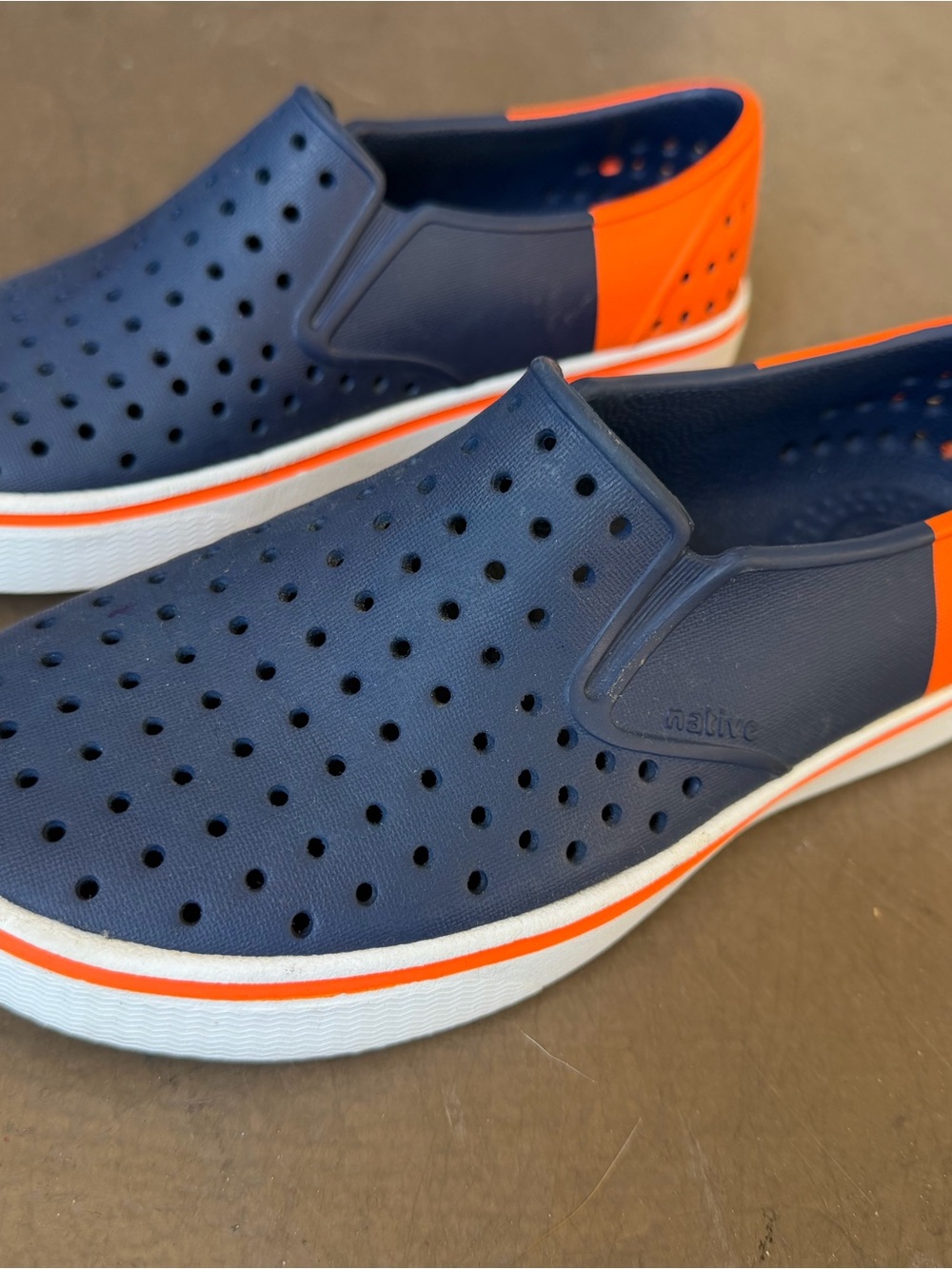 Native Boys Slip-On Loafers in Navy with Bright Orange Trim